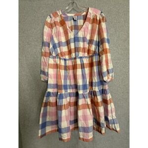 Hanna Andersson Dress Womens XS Multicolor Plaid V Neck Tiered 3/4 Sleeve